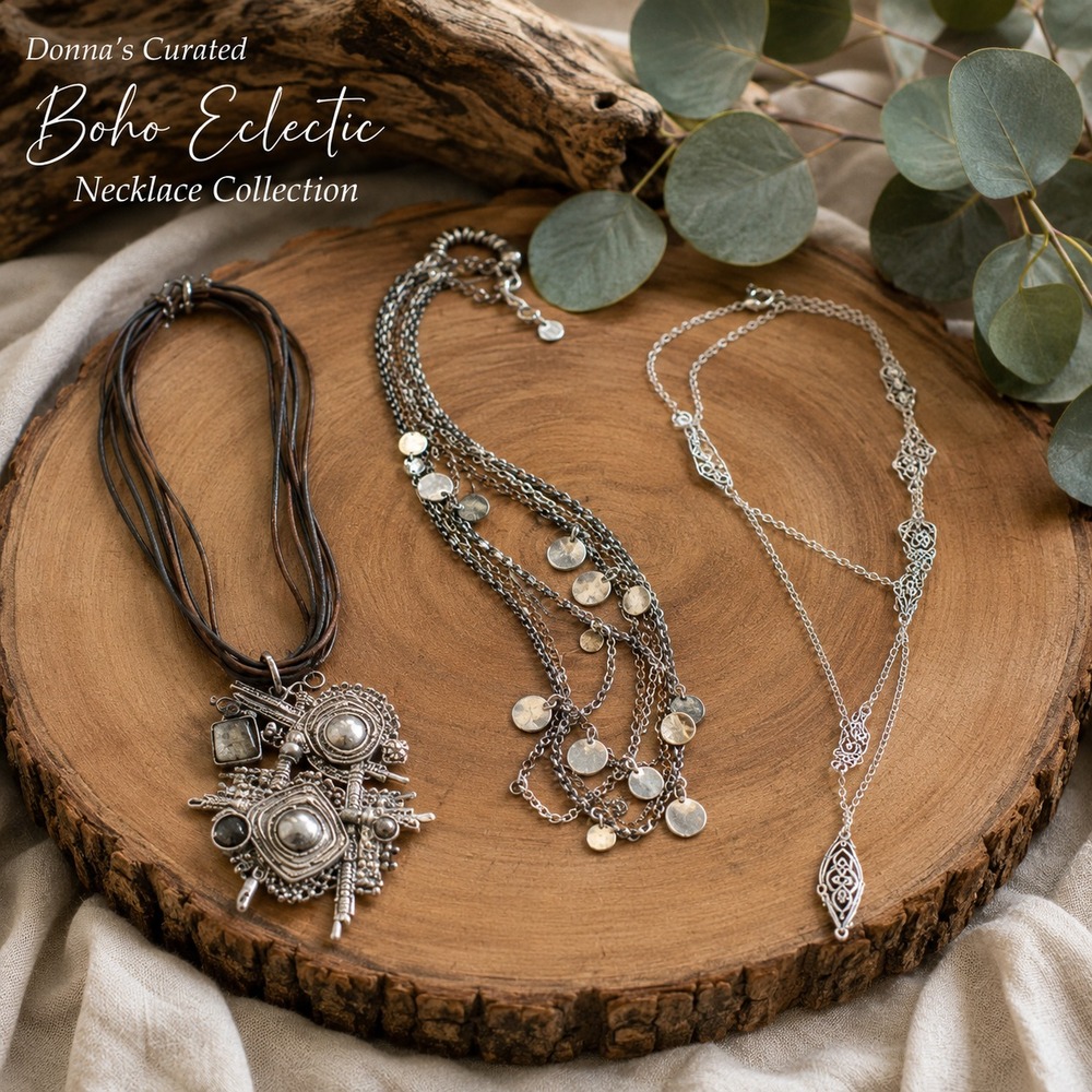 Donna's‎ Curated Boho Eclectic Necklace Collection Layered Mixed Metal 3 Pc Lot